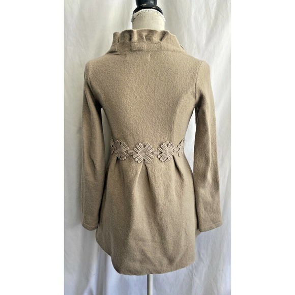 Charlie & Robin Anthropologie Tan Brown Boiled Wool Ruffle embroidered Jacket S - Picture 3 of 4